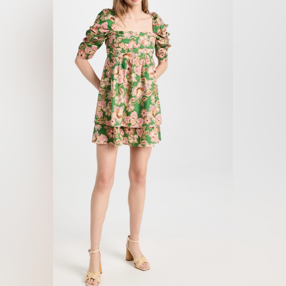 MISA Los Angeles KATE Dress Floral Puff Sleeve Open Back Bow Mini Dress, SZ S